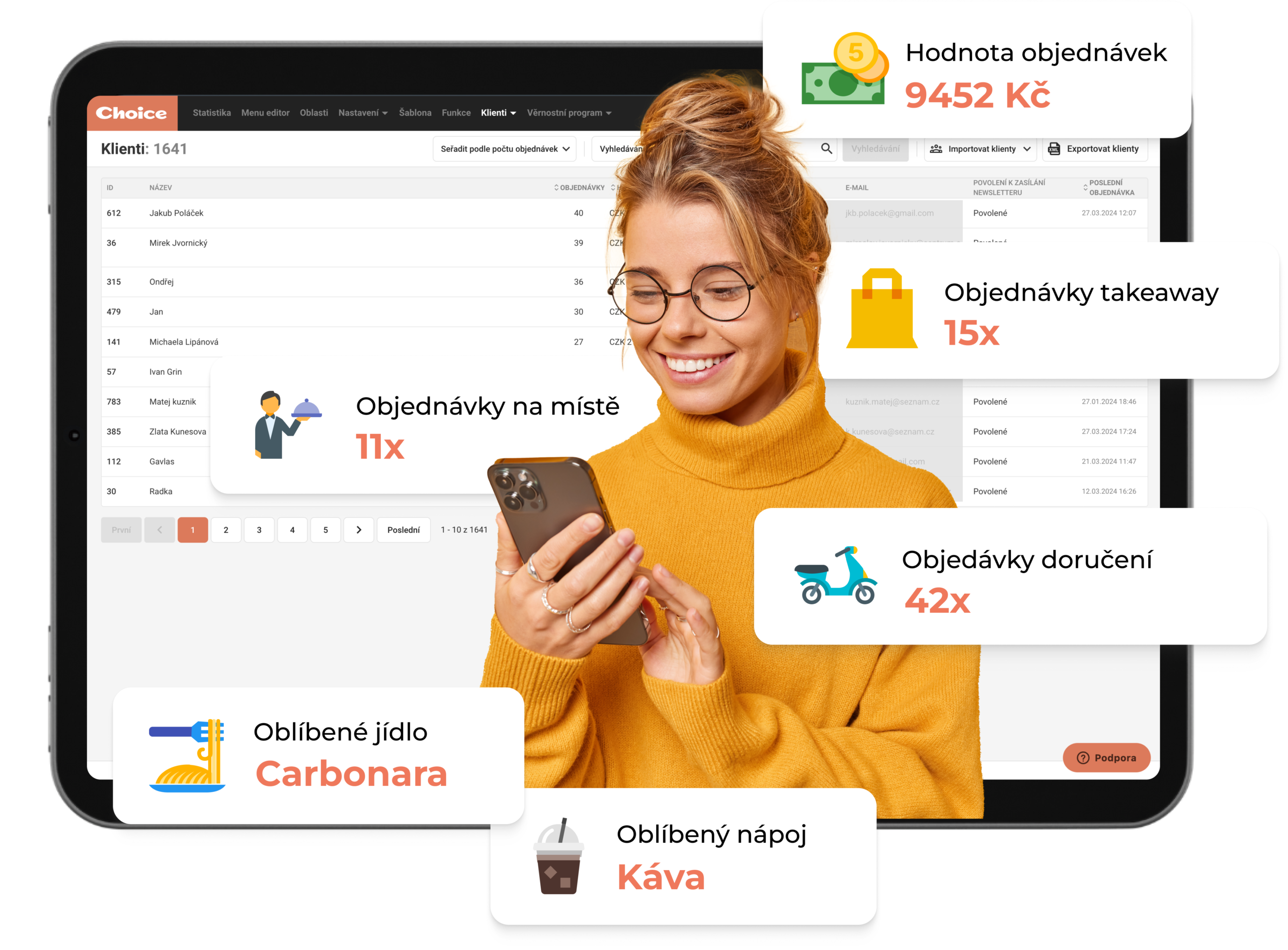 Všechny údaje o objednávkách, klientech  a statistiky naleznete v administrativním panelu - Choice – Chytré nástroje pro moderní restaurace