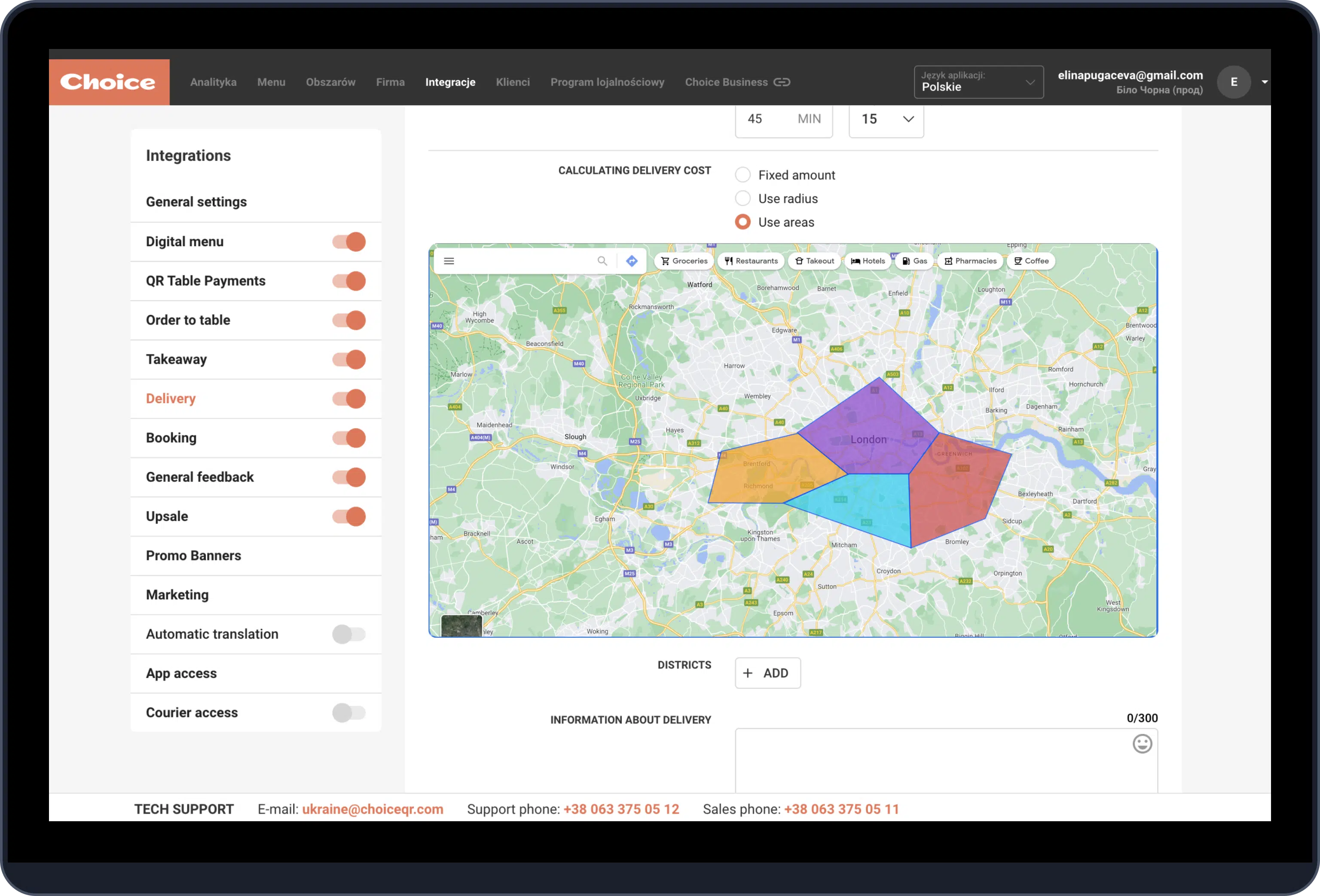 Customization of different delivery zones, packaging and discounts - ChoiceQR